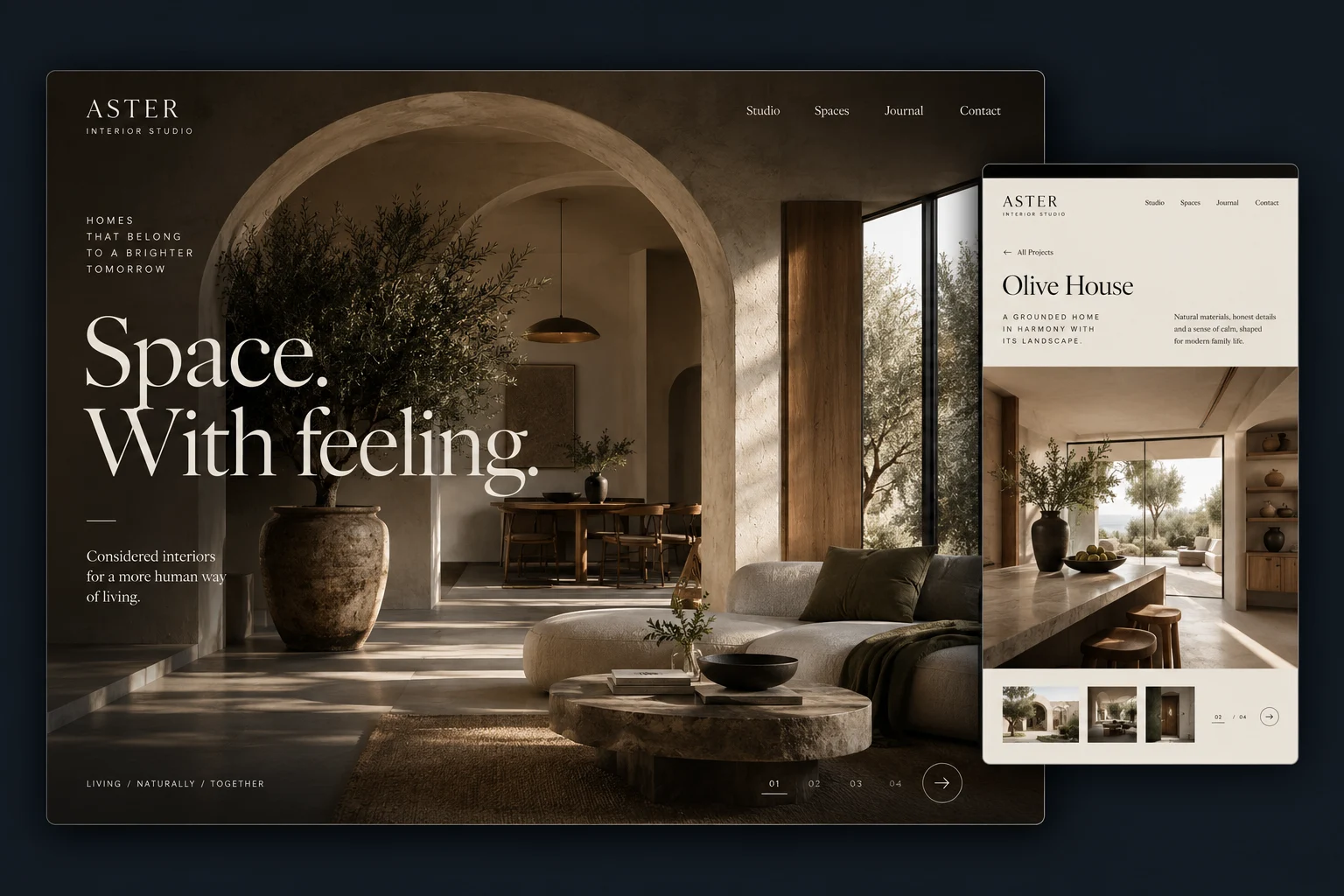 Illustrative Aster website with bespoke architectural imagery, editorial typography and a project-reveal interface.