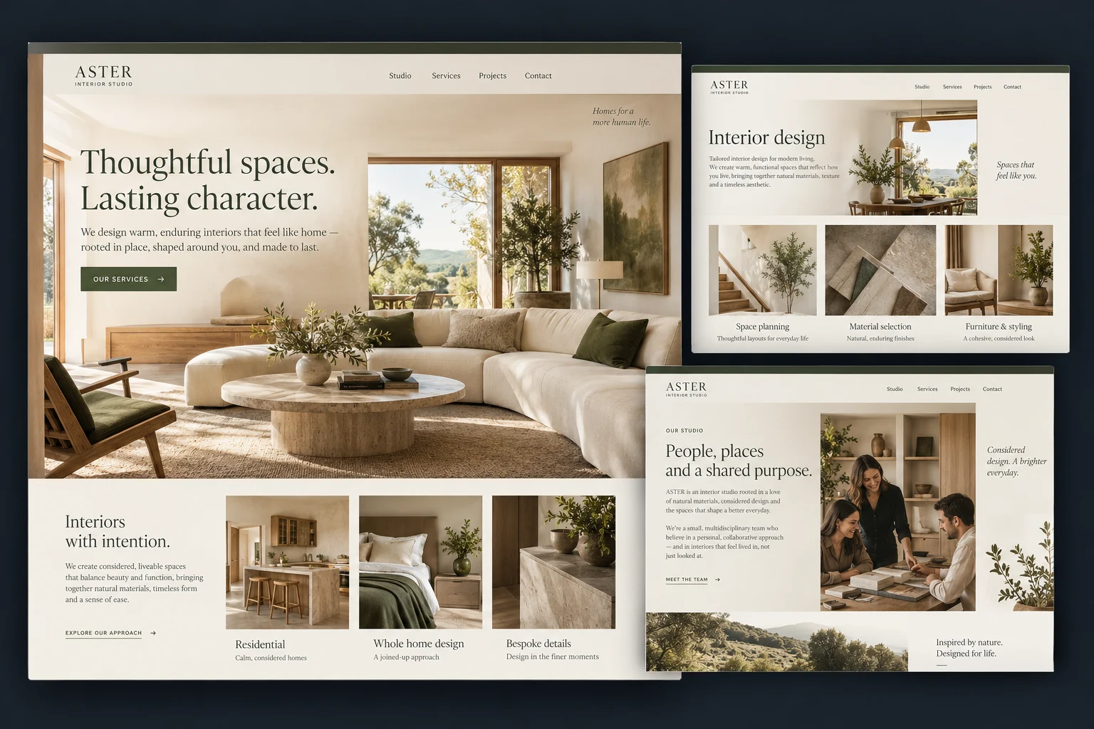 Illustrative Aster website shown across a homepage, dedicated interior design service page and studio page.