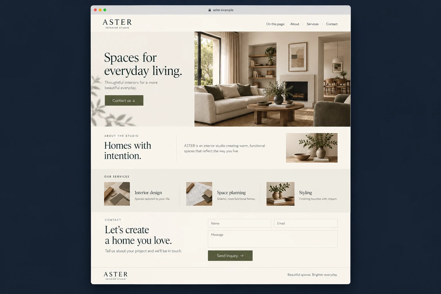 Illustrative Aster one-page website, with its introduction, about section, services and contact form in one continuous layout.